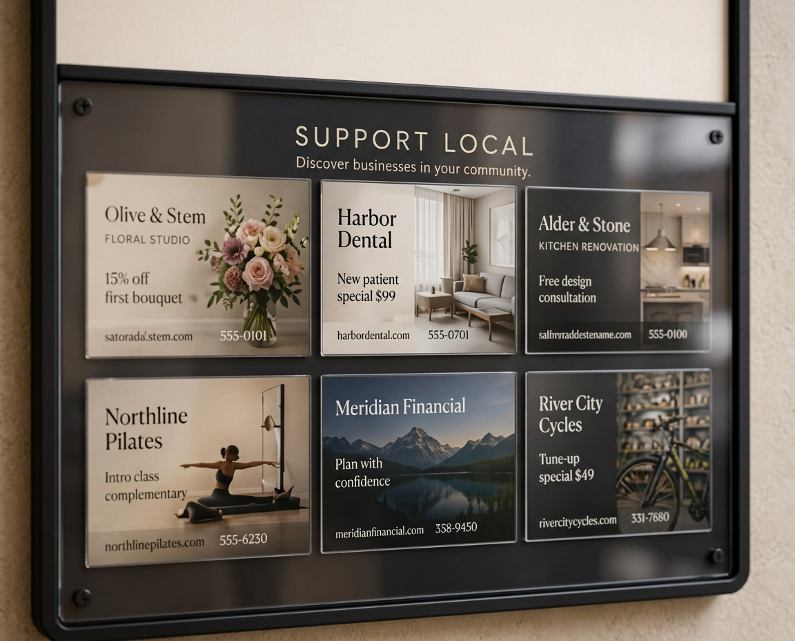 Close-up of six professionally designed local business advertising cards in an acrylic cassette