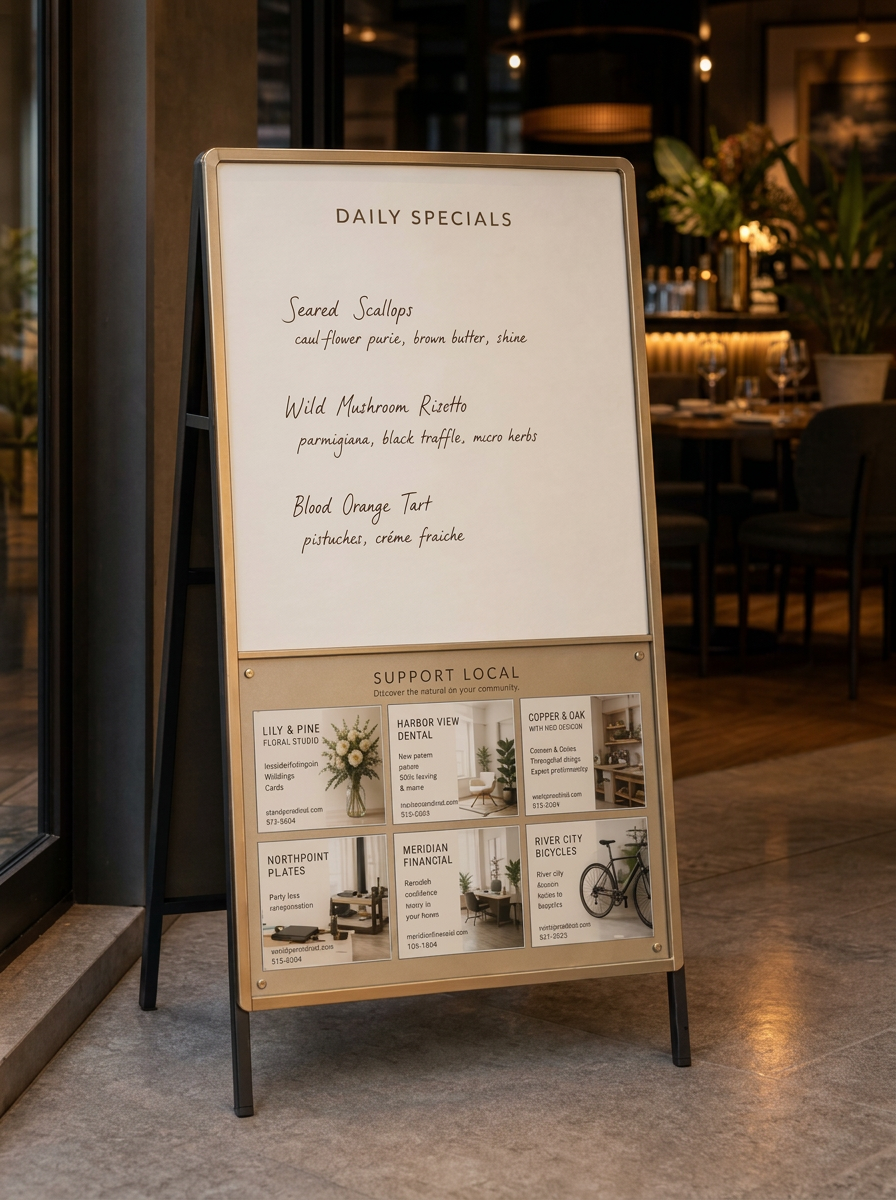 A freestanding Neighbour Board at a café entrance with daily specials and six local business cards