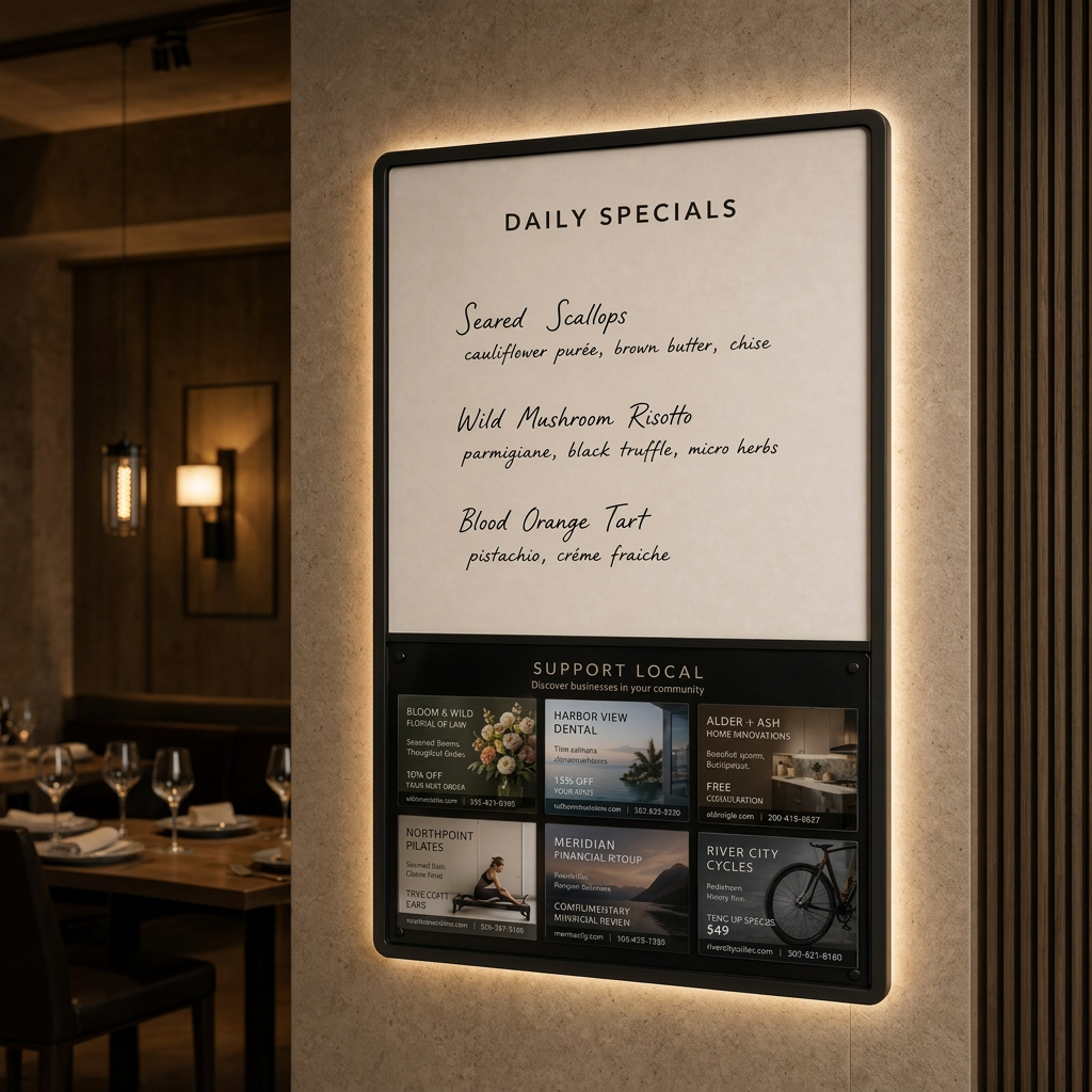 A softly backlit Neighbour Board glowing in an elegant restaurant lobby in the evening